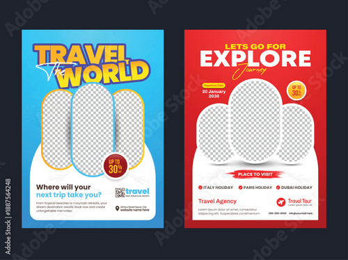 Modern poster travel flyer design template bundle. Editable tour poster template with brush stroke set