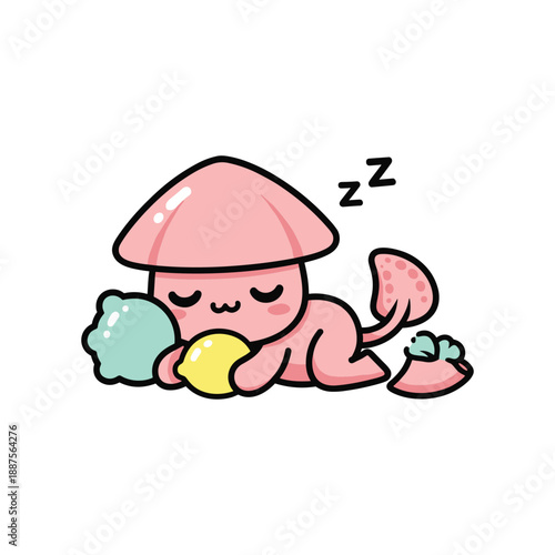 Cute pink mushroom character sleeping with zzz marks and colorful around it cute character colorful cartoon