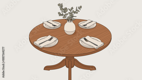 A charming round wooden dining table set for four, with plates, cutlery, napkins, and a small vase of greenery, perfect for intimate gatherings and mealtime.