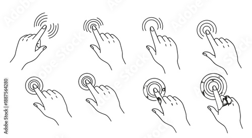 Hand gestures interacting with touchscreens or interfaces.