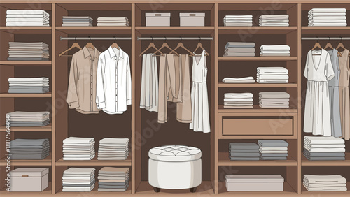 A meticulously organized walk-in closet filled with neatly folded clothes, hanging garments, shelves, drawers, and storage boxes, showcasing a tidy and spacious wardrobe.