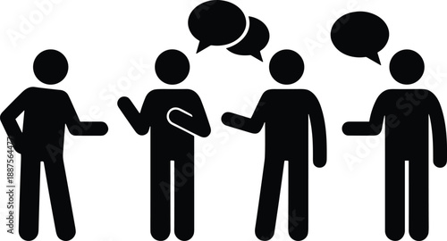 Black human silhouette group with speech bubbles representing conversation, discussion, communication and teamwork concept isolated on white background illustration