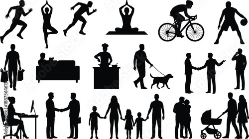 Black human silhouette icon collection showing sports, yoga, cycling, business, daily activities, family life and lifestyle scenes representing modern social behavior concepts