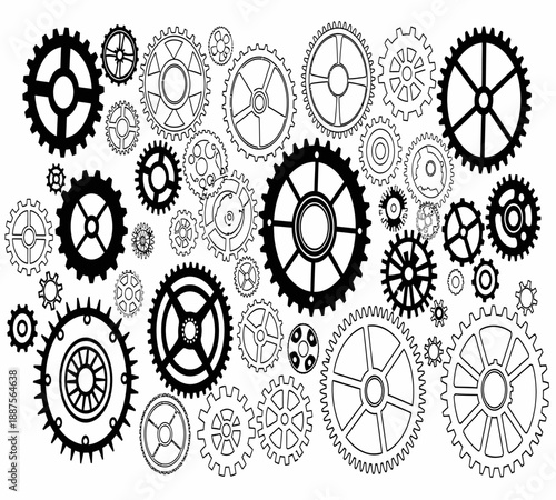 An intricate arrangement of black and white gears and cogs creates a complex mechanical pattern background