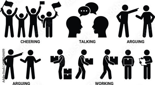 Black human silhouette icon set showing cheering crowd, talking conversation, arguing conflict and working activities representing social interaction and daily life concepts