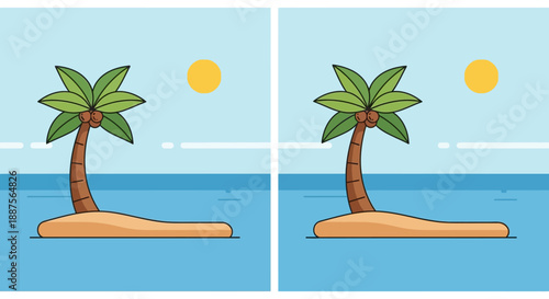 Minimalist Tropical Island Vector Illustration Featuring a Single Palm Tree with Coconuts on a Small Sandy Beach Surrounded by Calm Blue Ocean Waters Under a Clear Sunny Sky with a Bright Yellow Sun