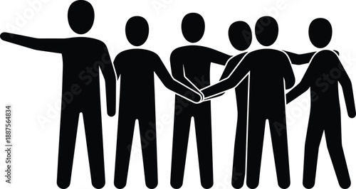 Black human silhouette illustration of group unity with leader pointing direction and people holding hands representing teamwork, leadership, cooperation and collective strength i