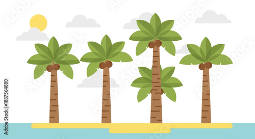 Minimalist Tropical Island Vector Illustration Featuring a Single Palm Tree with Coconuts on a Small Sandy Beach Surrounded by Calm Blue Ocean Waters Under a Clear Sunny Sky with a Bright Yellow Sun