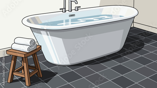 Luxurious freestanding bathtub filled with water, accompanied by neatly folded towels on a wooden stool, creating a serene and inviting bathroom sanctuary.