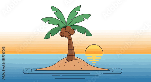 Minimalist Tropical Island Vector Illustration Featuring a Single Palm Tree with Coconuts on a Small Sandy Beach Surrounded by Calm Blue Ocean Waters Under a Clear Sunny Sky with a Bright Yellow Sun