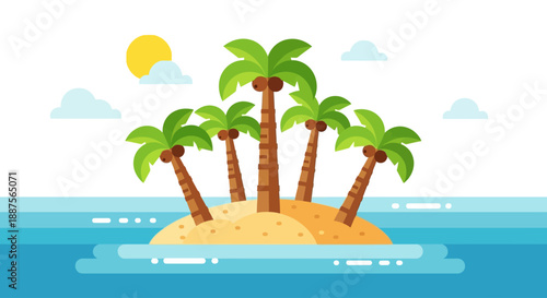 Minimalist Tropical Island Vector Illustration Featuring a Single Palm Tree with Coconuts on a Small Sandy Beach Surrounded by Calm Blue Ocean Waters Under a Clear Sunny Sky with a Bright Yellow Sun