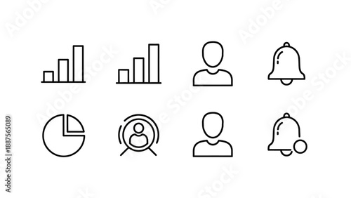 This illustration focuses on user profiles, analytics, and growth indicators represented through minimal outline icons. It is well suited for dashboards, user management systems, analytics platforms, 