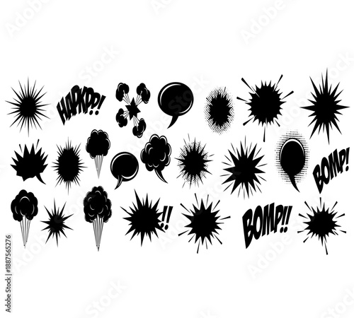 A collection of black comic book explosion and speech bubble graphics on a white background