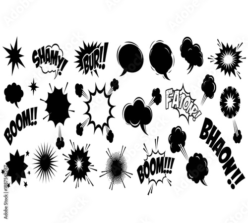 A collection of black and white comic book style speech bubbles and explosion effects on a white background