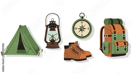 Outdoor adventure gear including a green tent, antique kerosene lantern, vintage compass, sturdy hiking boots, and a functional backpack, ready for exploration.