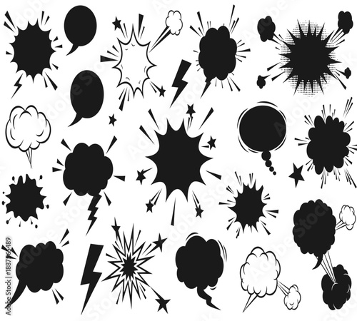 Collection of diverse comic book speech bubbles splatters lightning bolts and starbursts on a white background