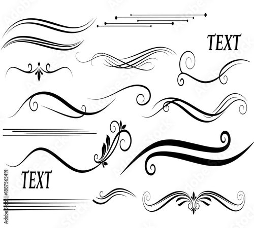 An assortment of elegant black decorative swirls flourishes and lines for design elements and textual accents