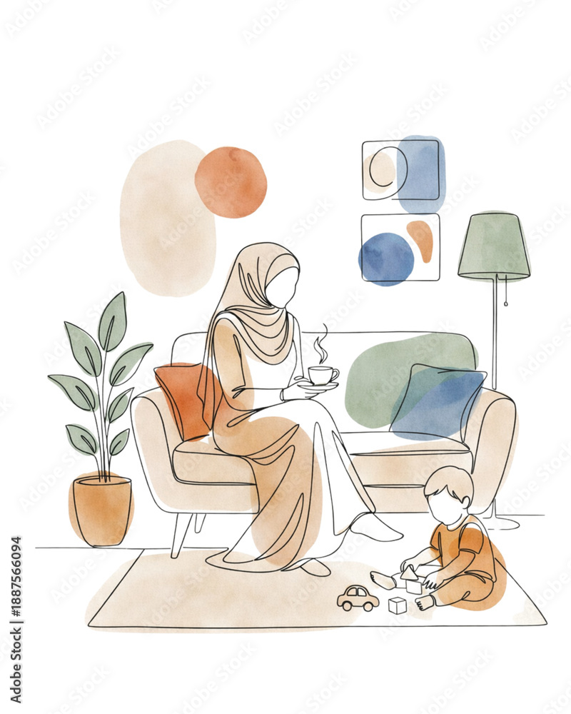 Fototapeta premium Abstract illustration of Muslim mother and child bonding at home