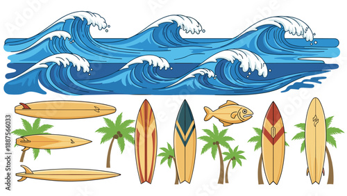 Vibrant Summer Beach Scene: Dynamic Ocean Waves Crashing, Colorful Surfboards Lined Up, Tropical Palm Trees Swaying, and a Playful Fish Illustration for a Fun Beach Vibe