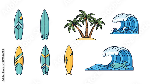 Tropical Beach Elements: Stylized Palm Trees, Various Surfboards, and Rolling Ocean Waves with a Fish, Perfect for Summer Graphics and Coastal Designs