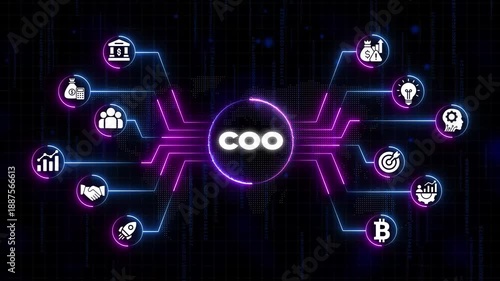 C O Chief Operating Officer Business Operations Management Concept with Neon and Lines on Dark Background with Binary Code