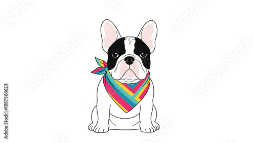 Adorable French Bulldog wearing a colorful bandana, sitting upright and looking directly at the viewer with its characteristic bat ears and a stern expression, isolate...