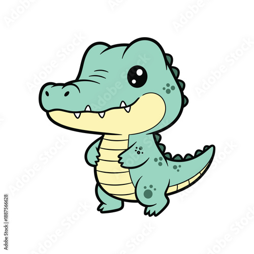 Cute cartoon green dinosaur with a yellow belly standing and smiling