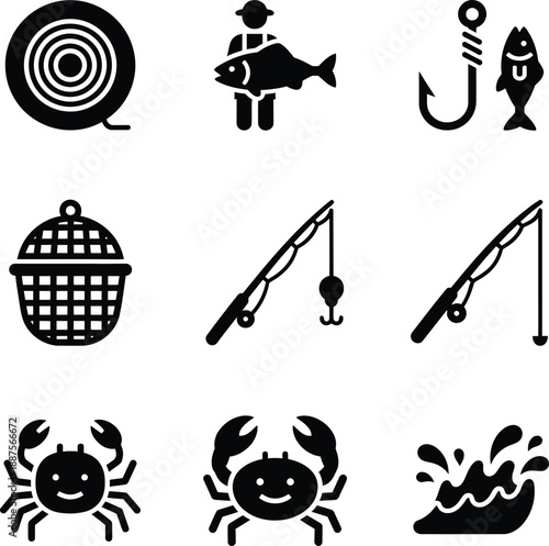Fishing excellent icon collection. Fishing rope, fisherman holding fish, fish hook line, fish trap basket, seated angler, crab catch, fishing buoy, tangled net.