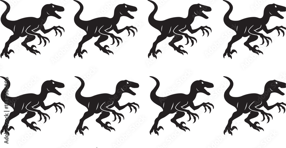 Fototapeta premium Pattern of Raptor Dinosaur Silhouettes Vector Pack