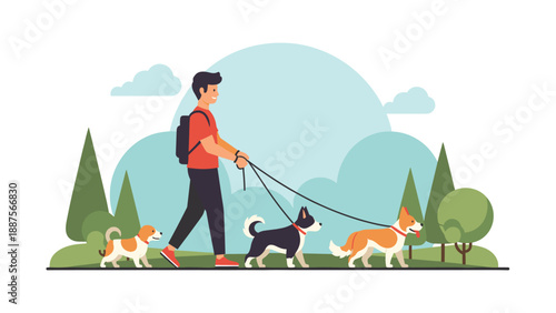 A man walking three dogs in a park on a sunny day, with trees and clouds in the background, illustrating outdoor activity and pet care.