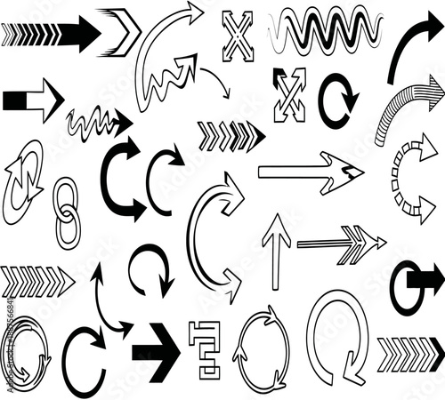 A diverse collection of black arrow and circular direction indicators on a pure white background