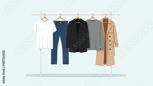 A minimalist display of men's clothing on hangers, featuring a white t-shirt, blue jeans, a black blazer, a grey sweater, and a beige trench coat.