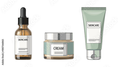 Three essential skincare items, including a serum dropper, a cream jar, and a lotion tube, arranged for beauty and personal care product display.