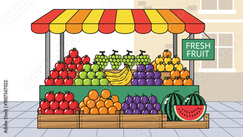 Colorful fruit stand overflowing with fresh apples, bananas, oranges, grapes, plums, and watermelons, presented in a charming pixel art style, perfect for food and mar...