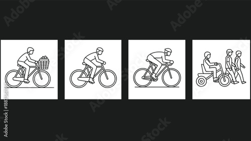 Silhouettes of individuals walking, cycling, and using a handcycle in personal mobility and transportation icon layout