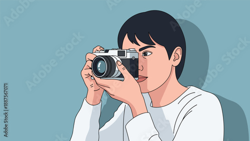 Close-up pixel art illustration of a young man with dark hair holding a vintage camera, focused on taking a photograph, capturing the essence of photography and creati...