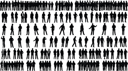 Silhouettes of diverse individuals in rows showing varied poses, gestures, and group formations for demographic representation