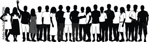 Silhouettes of 20 diverse individuals standing in line with varied clothing styles, gestures, and posture