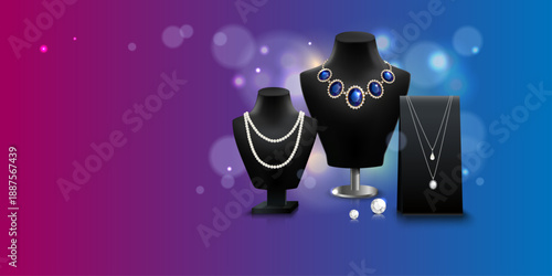 Fine jewelry window display, Gold jewelry diamond shop with rings and necklaces luxury retail store window display for design