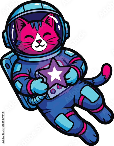 Cute pink cartoon cat astronaut floating in space holding a star.