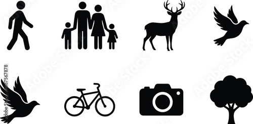 Black silhouette icon set featuring human figures, family, wildlife animals, birds, bicycle, camera and tree symbols in clean minimal flat style