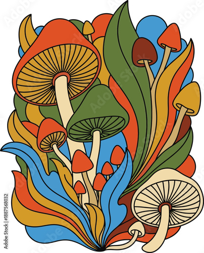 Groovy retro 70s style psychedelic mushroom illustration art.