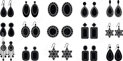 Black earrings silhouette set featuring elegant teardrop oval geometric chandelier designs, isolated jewelry collection vector illustration for fashion accessories branding, luxury style catalogs