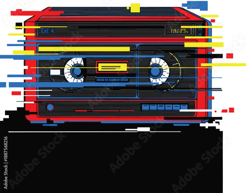 Retro audio cassette tape with a vibrant digital glitch effect.