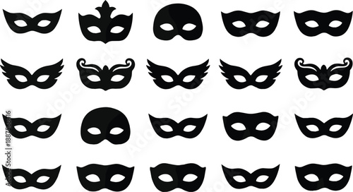 Carnival mask silhouettes set featuring elegant masquerade and Venetian party designs, isolated black vector illustration collection for festivals, theater costumes, events, and decorative graphics