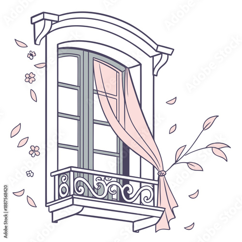 Illustrated window with curtains and falling leaves