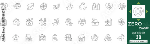 Zero waste line icon set featuring sustainability, ecology, plastic-free, recycling, compost, organic, nature, environment, eco-friendly, conservation editable vector set