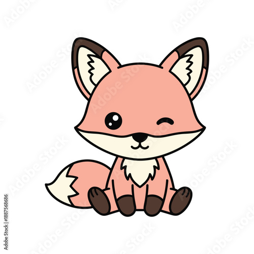Cute cartoon fox with pink fur sitting and winking brown