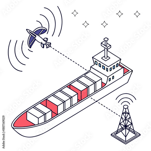 Illustrated cargo ship with communication satellites