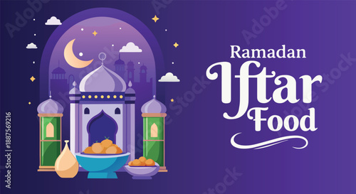 Ramadan iftar food celebration with mosque, crescent moon, and delicious dates for breaking fast